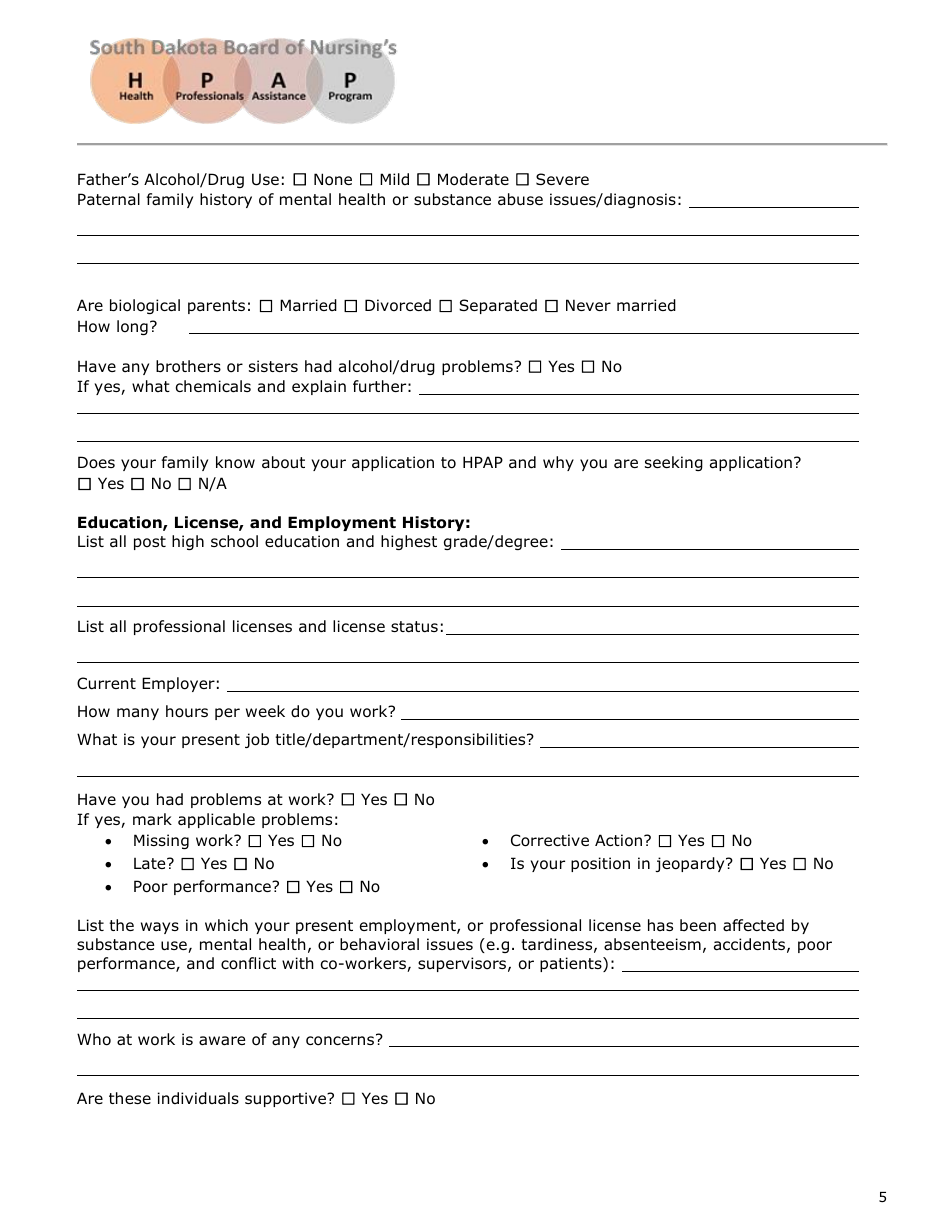 Initial Application - Health Professionals Assistance Program (Hpap) - South Dakota, Page 5
