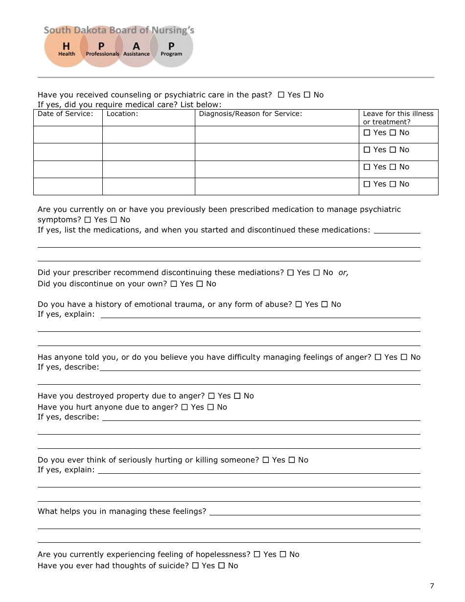 Initial Application - Health Professionals Assistance Program (Hpap) - South Dakota, Page 7