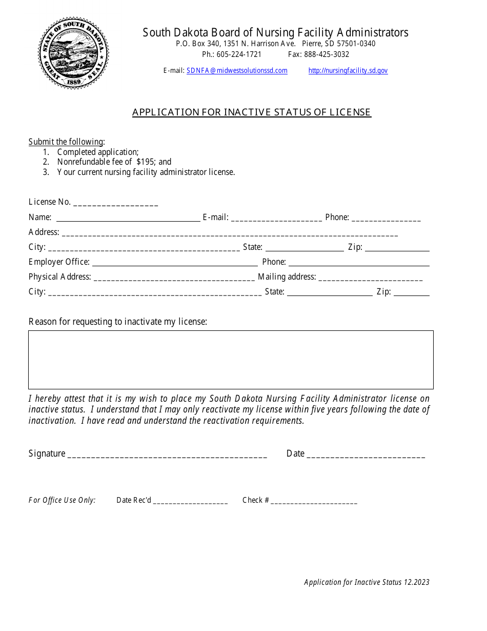 Application for Inactive Status of License - South Dakota Board of Nursing Facility Administrators - South Dakota, Page 1