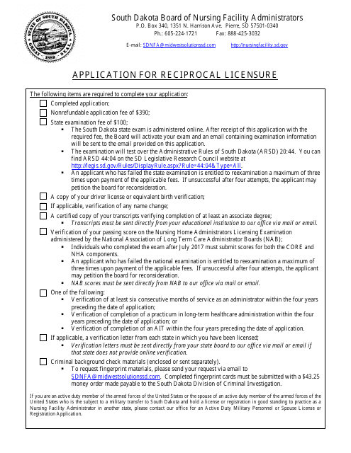 Application for Reciprocal Licensure - Board of Nursing Facility Administrators - South Dakota
