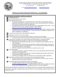 Application for Reciprocal Licensure - Board of Nursing Facility Administrators - South Dakota