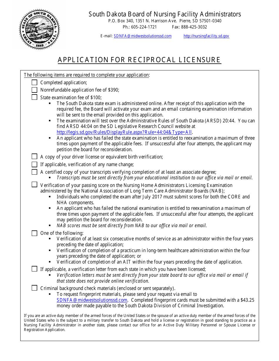 Application for Reciprocal Licensure - Board of Nursing Facility Administrators - South Dakota, Page 1