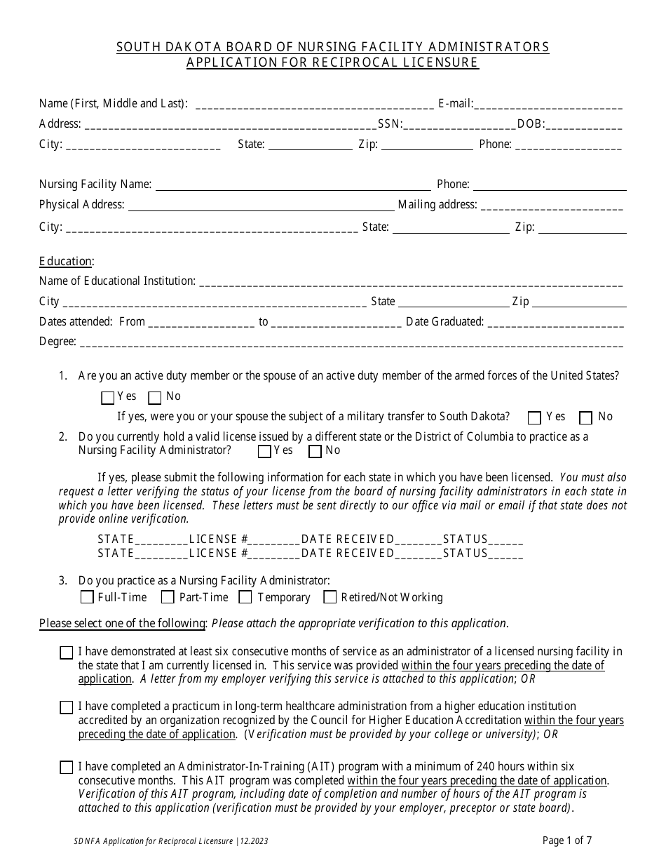 Application for Reciprocal Licensure - Board of Nursing Facility Administrators - South Dakota, Page 2