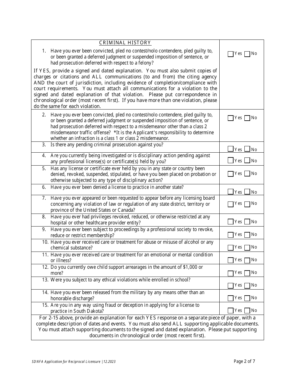 Application for Reciprocal Licensure - Board of Nursing Facility Administrators - South Dakota, Page 3