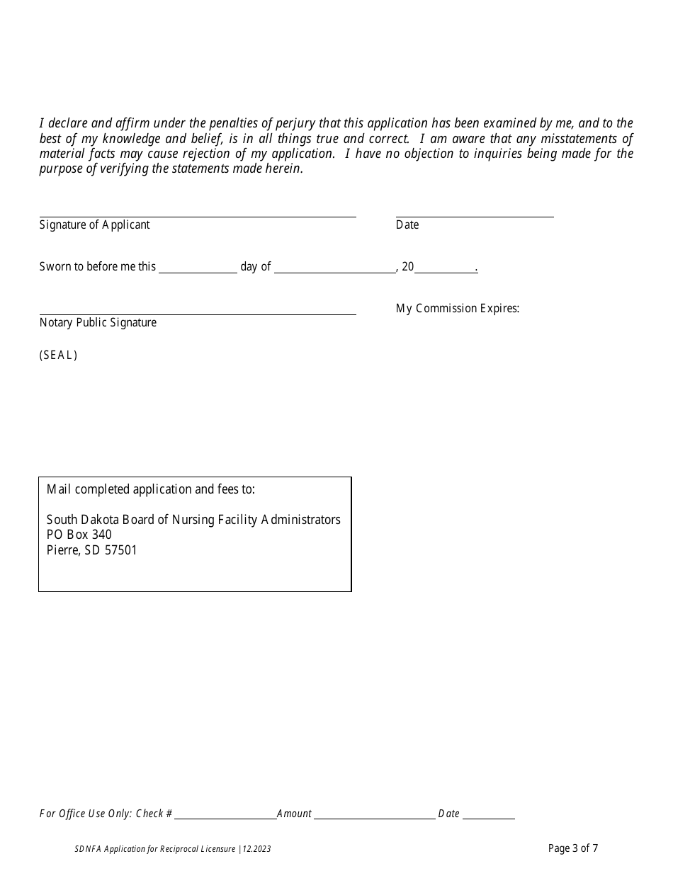 Application for Reciprocal Licensure - Board of Nursing Facility Administrators - South Dakota, Page 4