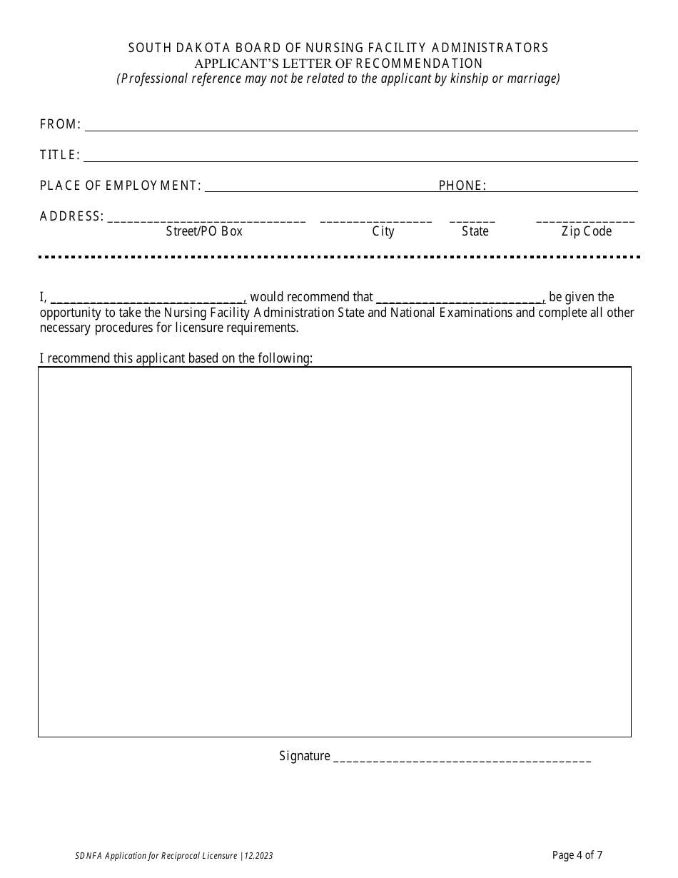 Application for Reciprocal Licensure - Board of Nursing Facility Administrators - South Dakota, Page 5