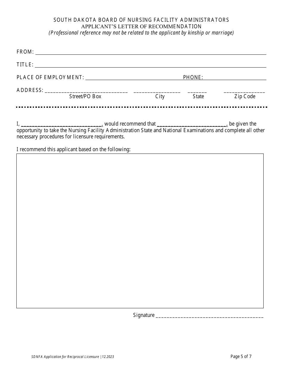 Application for Reciprocal Licensure - Board of Nursing Facility Administrators - South Dakota, Page 6