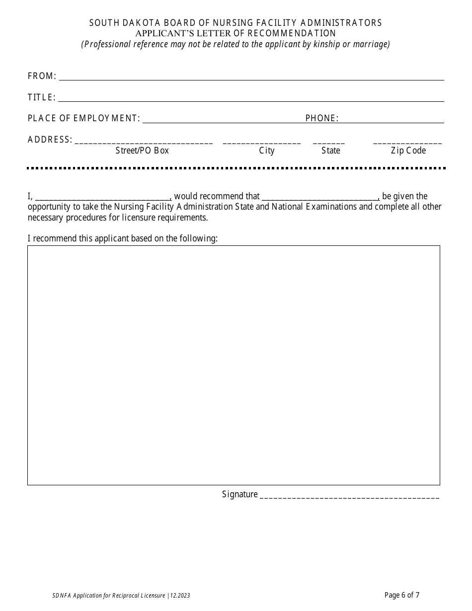 Application for Reciprocal Licensure - Board of Nursing Facility Administrators - South Dakota, Page 7