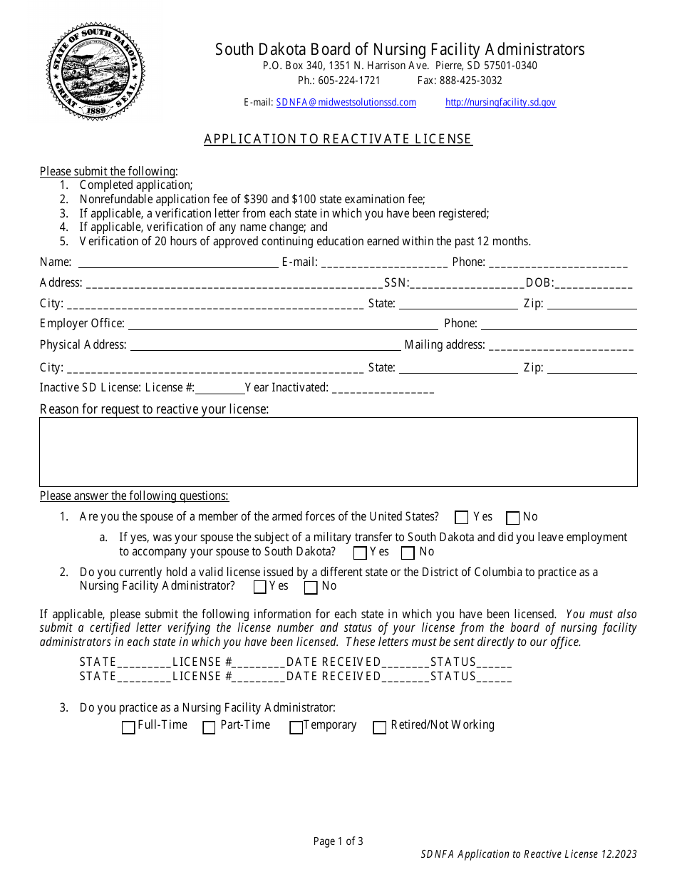 South Dakota Application to Reactivate License - Fill Out, Sign Online ...