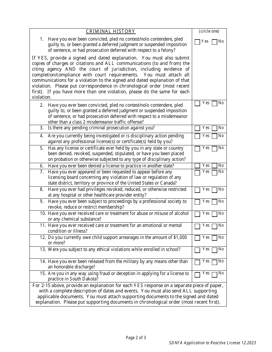 Application to Reactivate License - South Dakota, Page 2