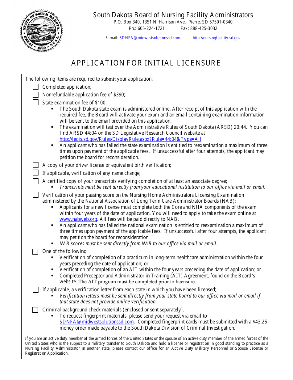 Application for Initial Licensure - Board of Nursing Facility Administrators - South Dakota, Page 1
