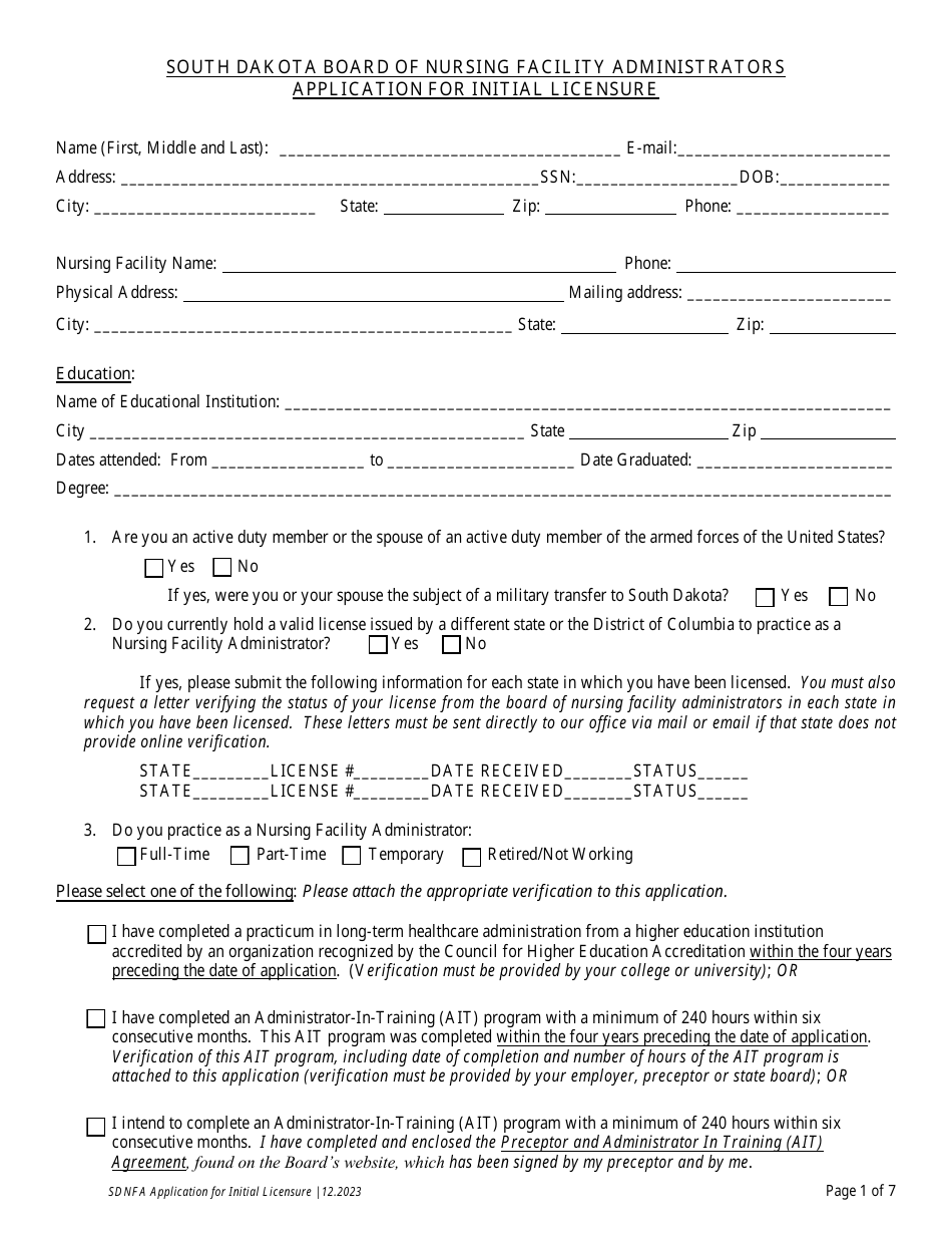Application for Initial Licensure - Board of Nursing Facility Administrators - South Dakota, Page 2