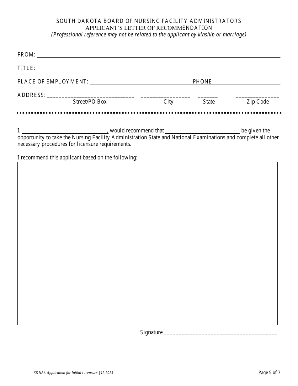 Application for Initial Licensure - Board of Nursing Facility Administrators - South Dakota, Page 6