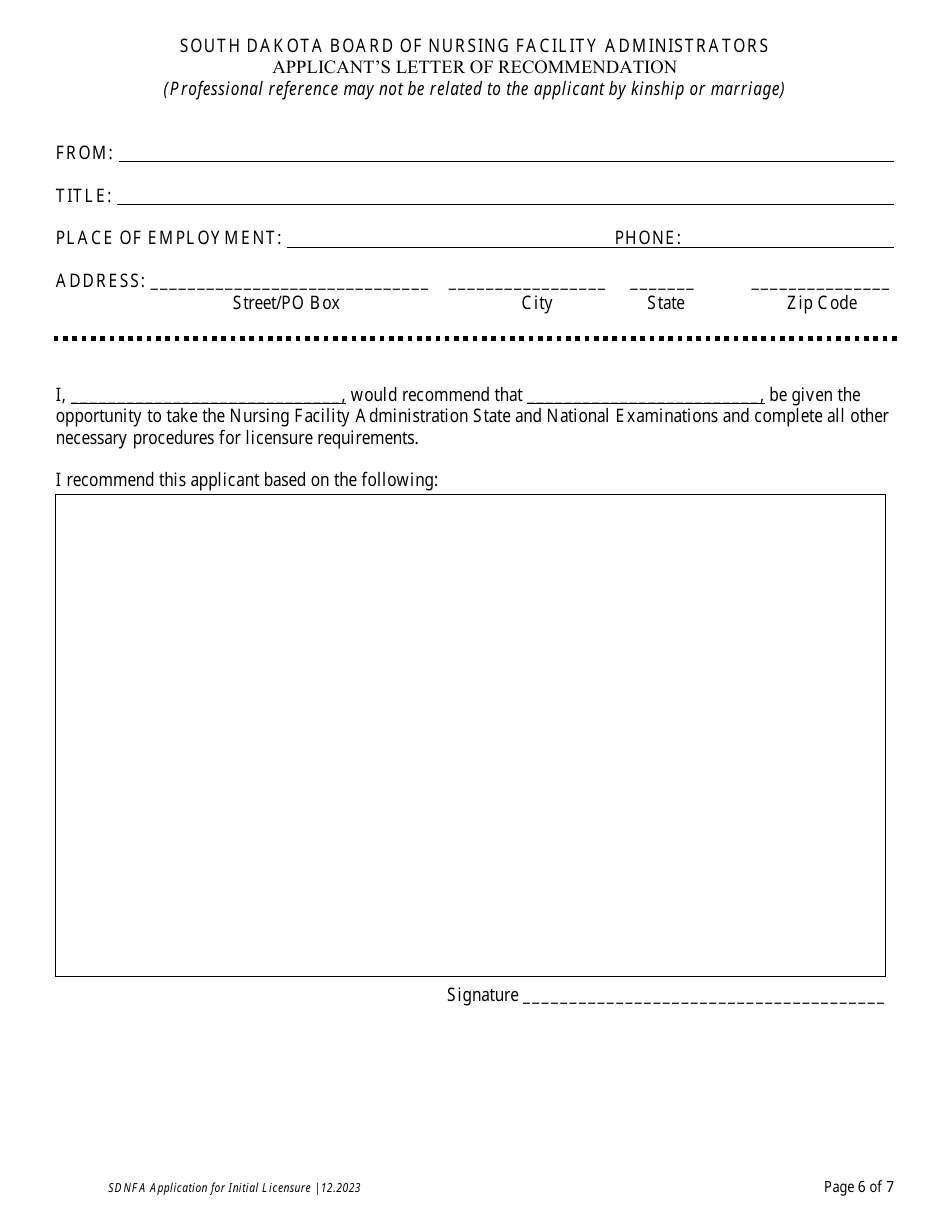 Application for Initial Licensure - Board of Nursing Facility Administrators - South Dakota, Page 7