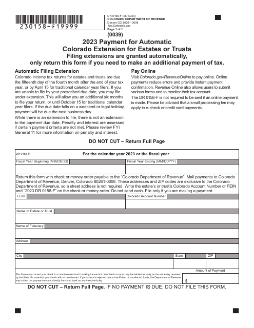 Form DR0158-F Payment for Automatic Colorado Extension for Estates or Trusts - Colorado, 2023