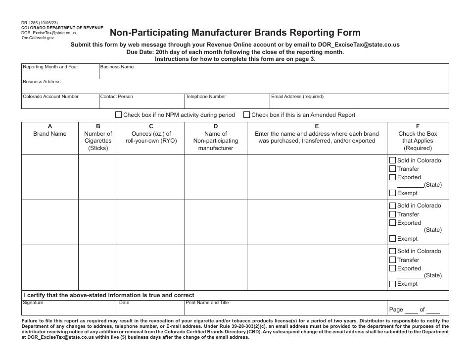 Form DR1285 Non-participating Manufacturer Brands Reporting Form - Colorado, Page 1