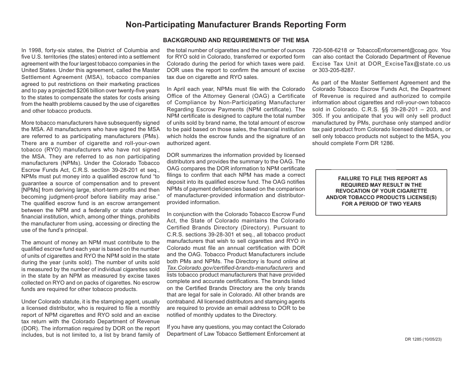 Form DR1285 Non-participating Manufacturer Brands Reporting Form - Colorado, Page 2