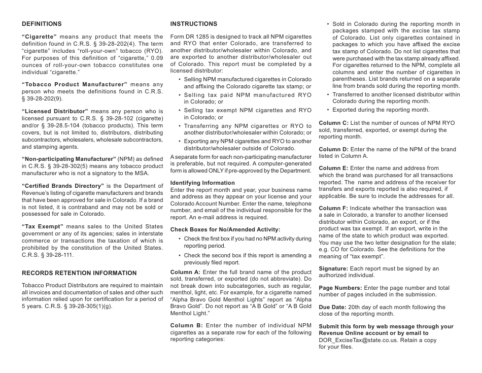 Form DR1285 Non-participating Manufacturer Brands Reporting Form - Colorado, Page 3