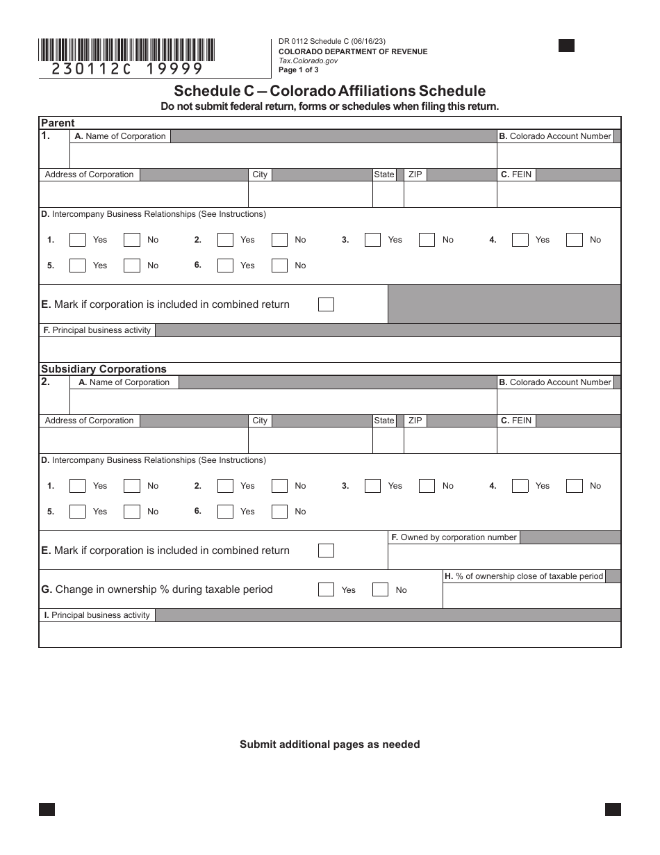 Form DR0112 Schedule C Colorado Affiliations Schedule - Colorado, Page 1