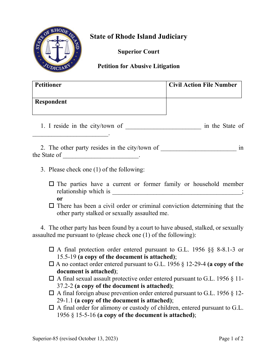 Form Superior-85 Petition for Abusive Litigation - Rhode Island, Page 1