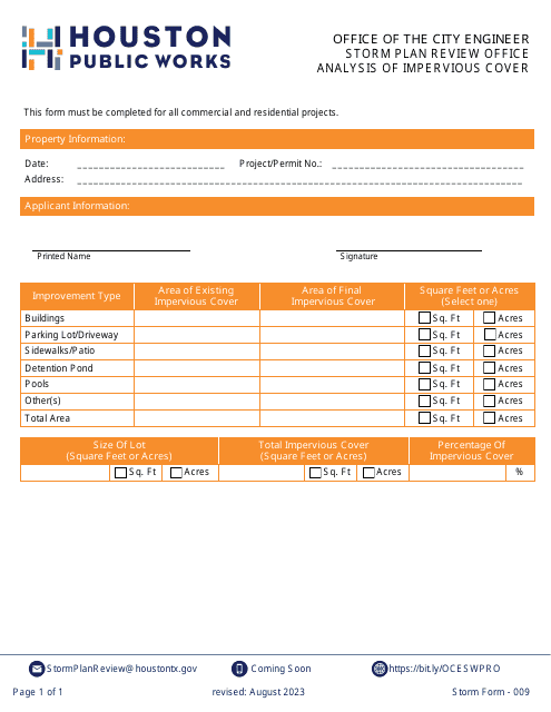 Form 009 Analysis of Impervious Cover - City of Houston, Texas