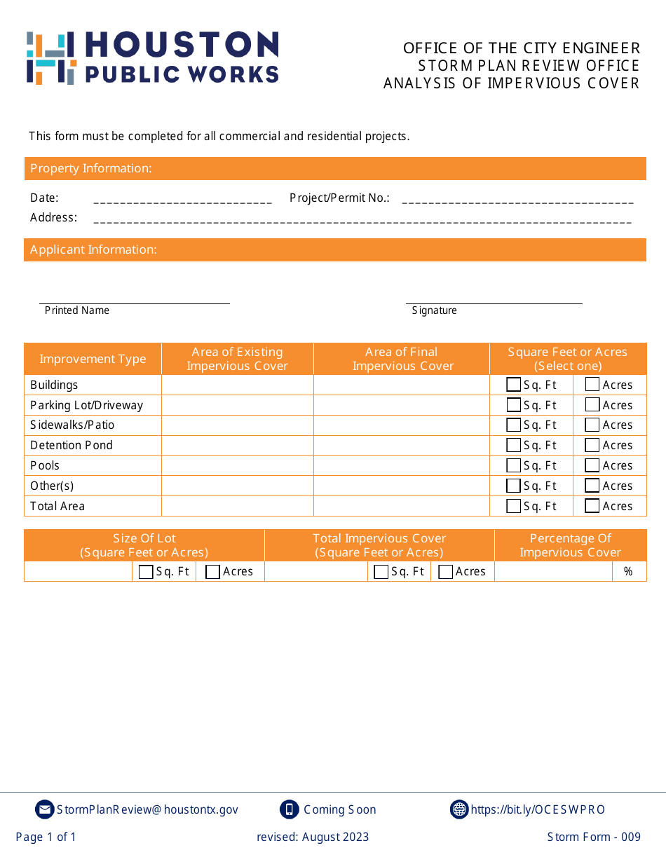 Form 009 Analysis of Impervious Cover - City of Houston, Texas, Page 1