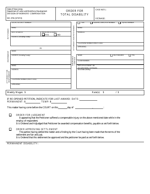 Form WC-374I Order for Total Disability - New Jersey