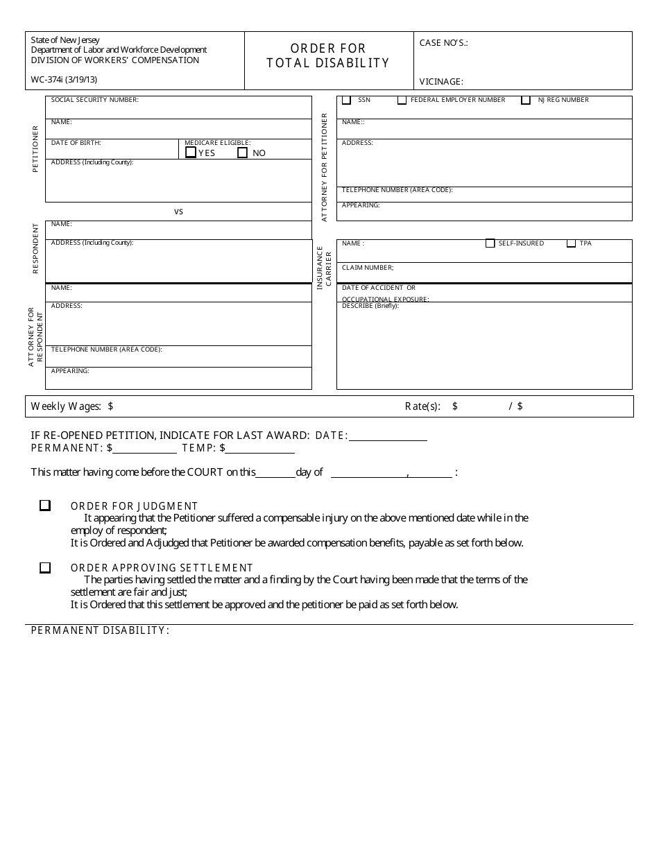 Form WC-374I Order for Total Disability - New Jersey, Page 1