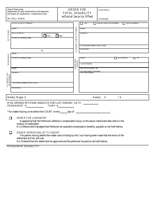 Form WC-375I Order for Total Disability With Social Security Offset - New Jersey