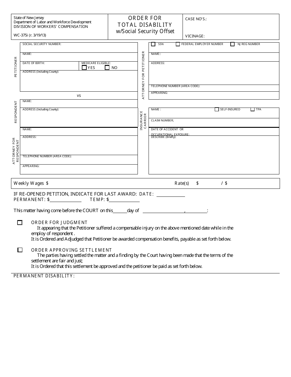 Form WC-375I Order for Total Disability With Social Security Offset - New Jersey, Page 1