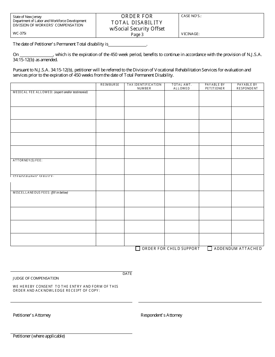 Form WC-375I Order for Total Disability With Social Security Offset - New Jersey, Page 3