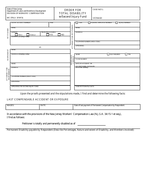 Form WC-376I Order for Total Disability With Second Injury Fund - New Jersey
