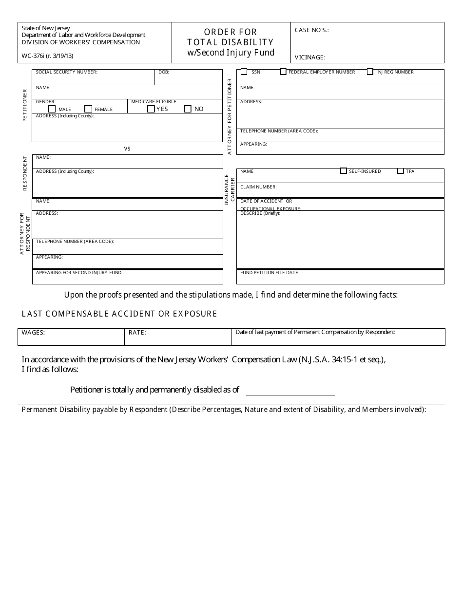 Form WC-376I Order for Total Disability With Second Injury Fund - New Jersey, Page 1