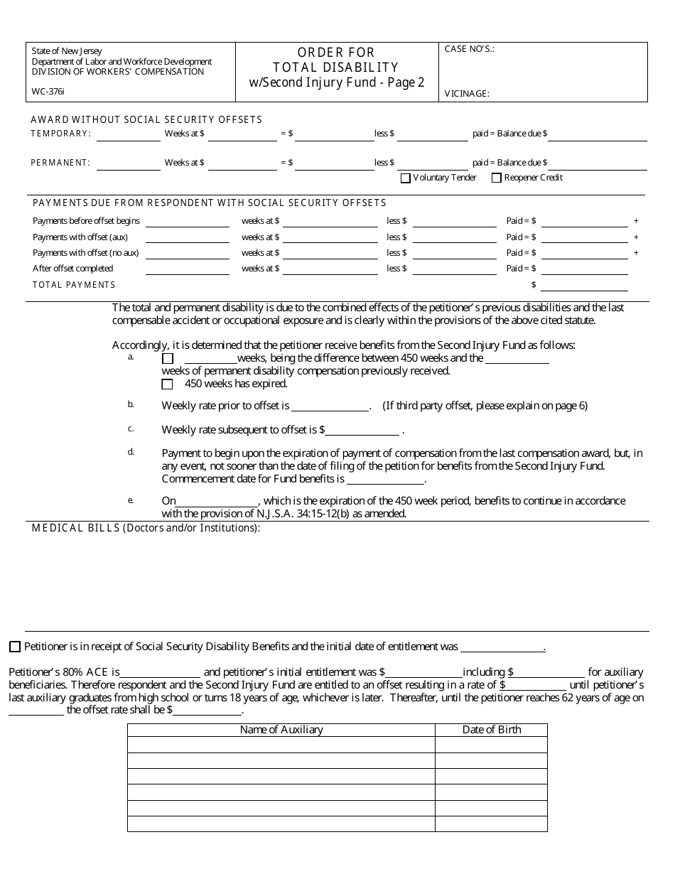 Form WC-376I Order for Total Disability With Second Injury Fund - New Jersey, Page 2