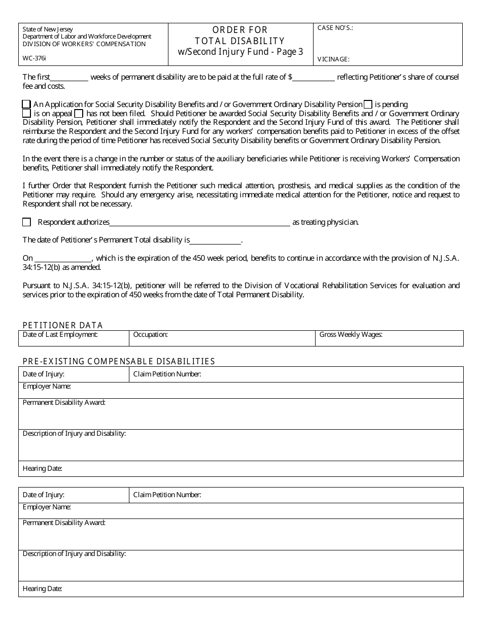 Form WC-376I Order for Total Disability With Second Injury Fund - New Jersey, Page 3