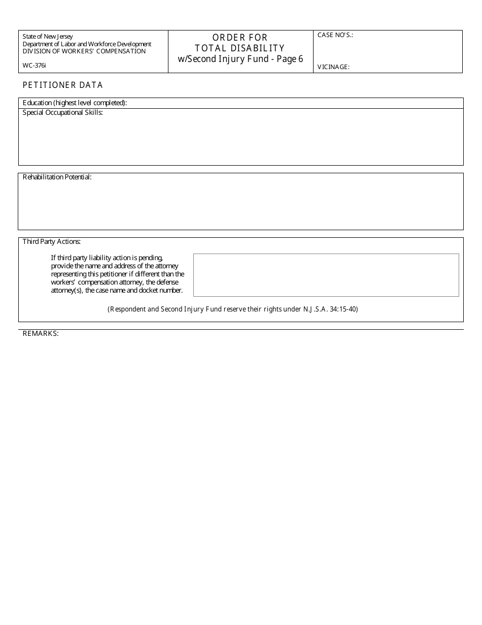 Form WC-376I Order for Total Disability With Second Injury Fund - New Jersey, Page 6