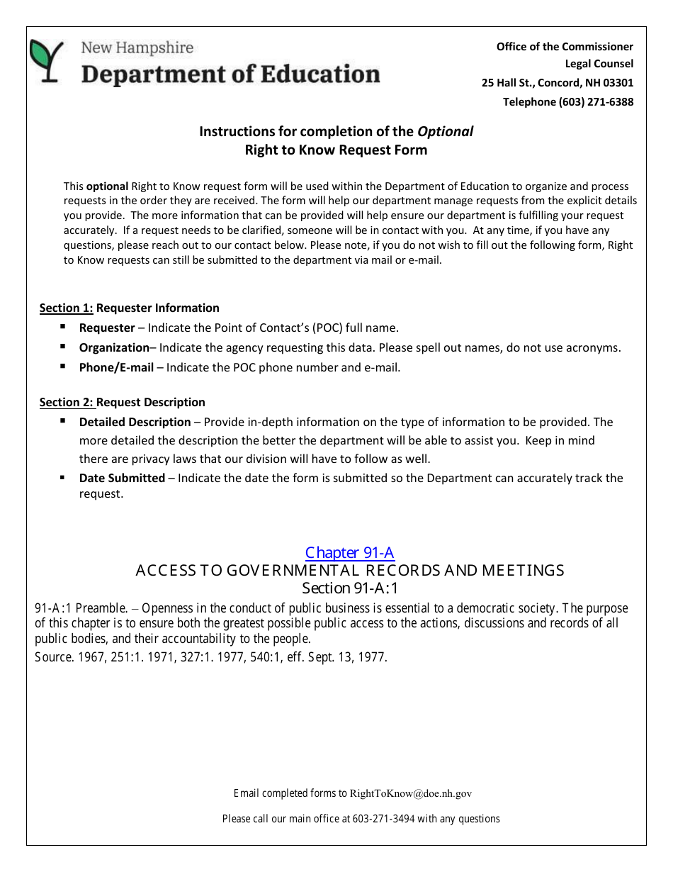 Optional Right to Know Request Form - New Hampshire, Page 1