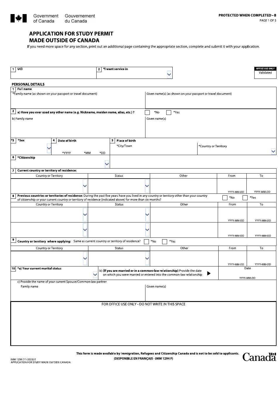 Form IMM1294 Download Fillable PDF Application For Study Permit Made ...