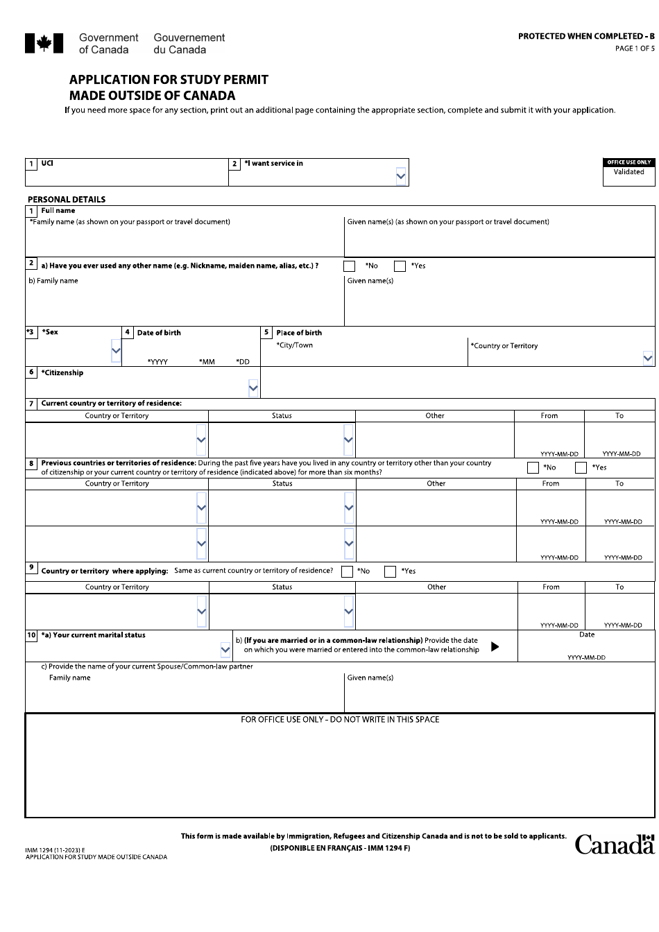 Form IMM1294 Application for Study Permit Made Outside of Canada - Canada, Page 1