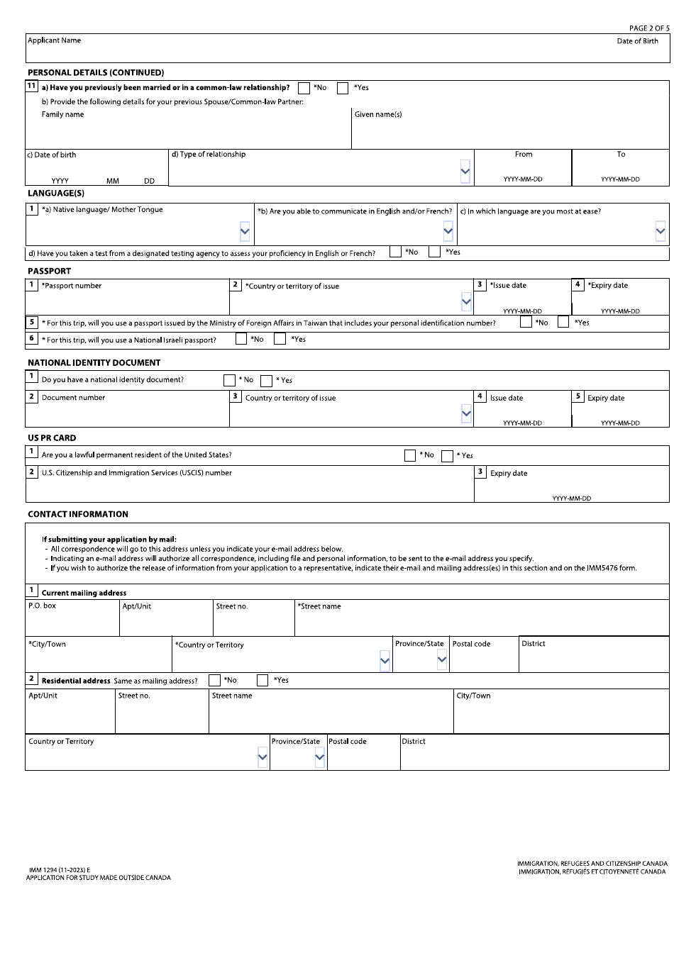 Form IMM1294 Download Fillable PDF Application for Study Permit Made ...