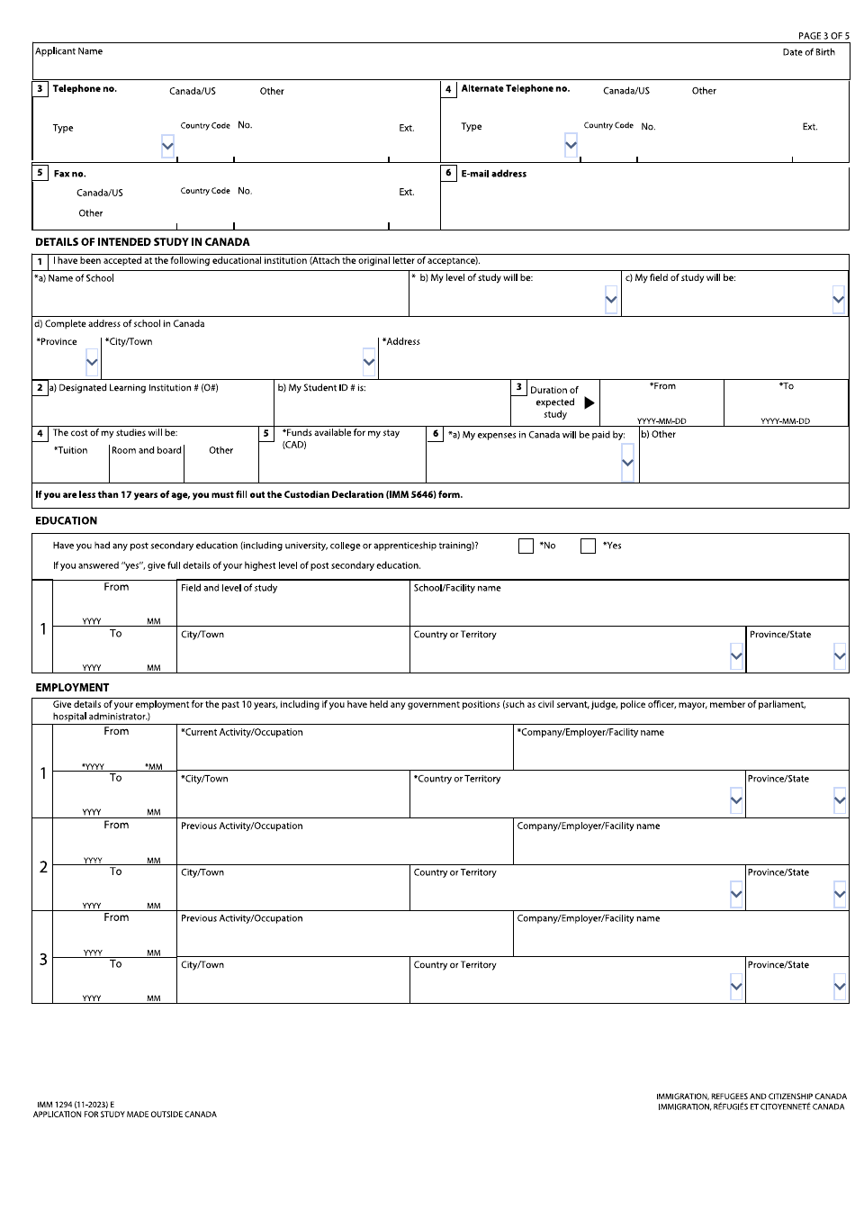 Form IMM1294 Download Fillable PDF Application For Study Permit Made ...