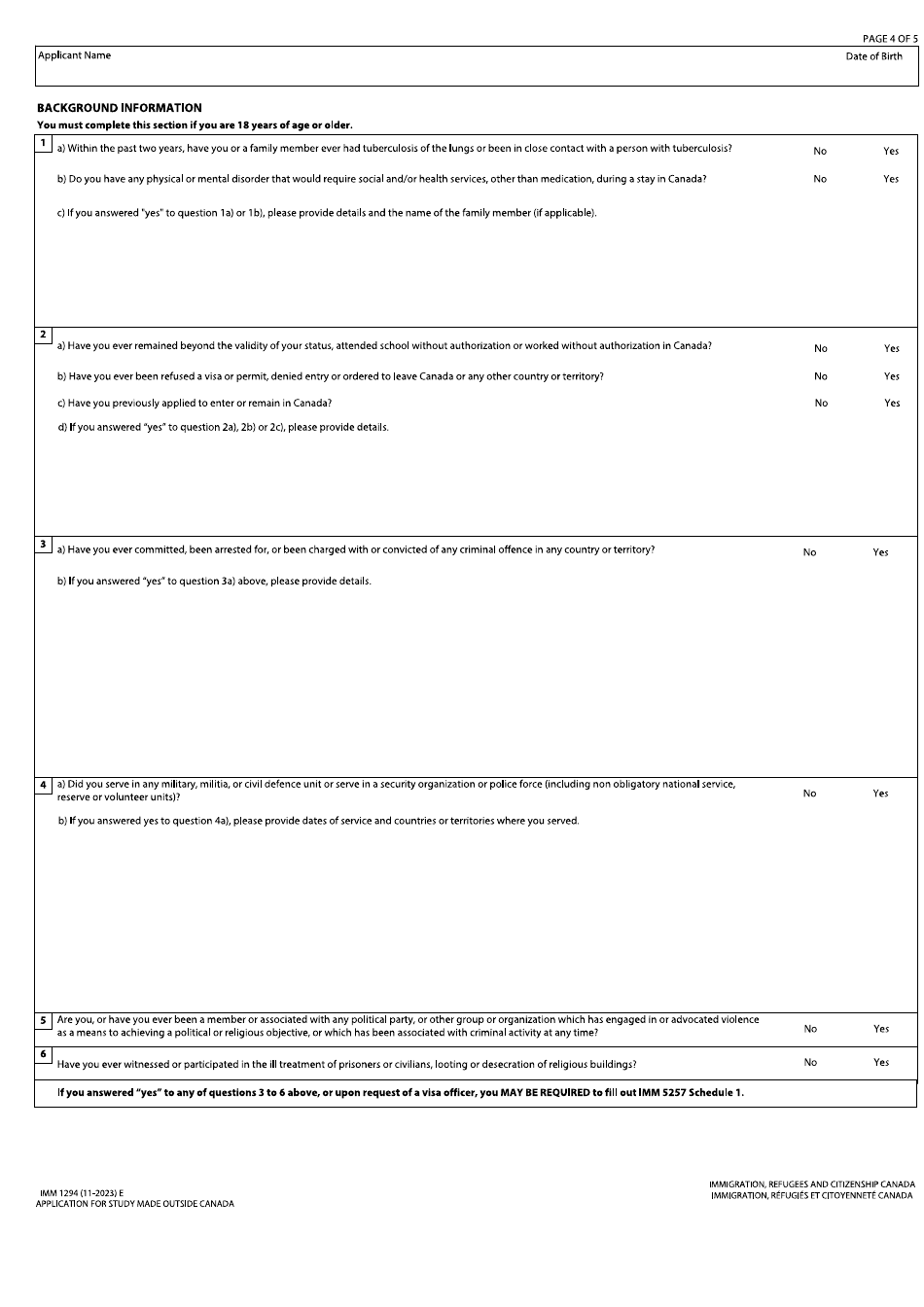 Form IMM1294 Application for Study Permit Made Outside of Canada - Canada, Page 4
