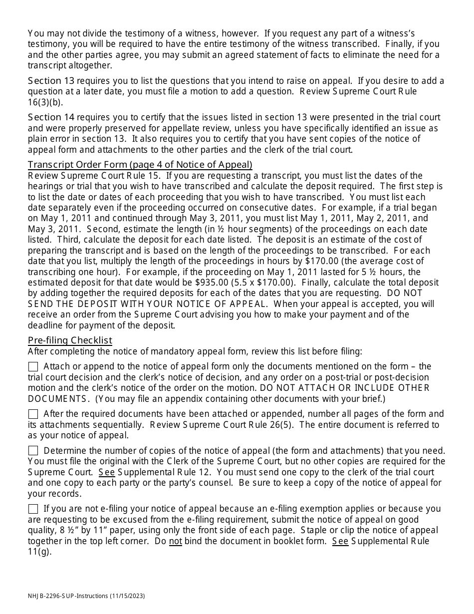 Instructions for Form NHJB-2296-SUP Rule 7 Notice of Mandatory Appeal - New Hampshire, Page 3