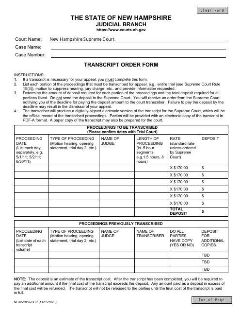 Form NHJB-2852-SUP Transcript Order Form - New Hampshire