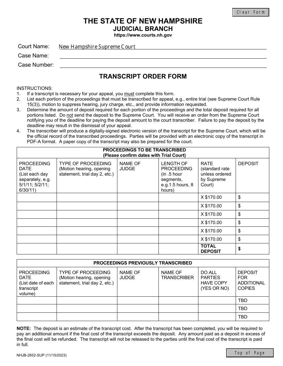 Form NHJB-2852-SUP Transcript Order Form - New Hampshire, Page 1