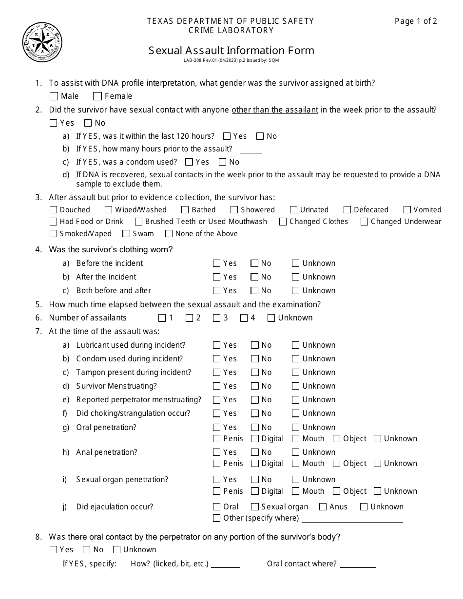 Form LAB-208 Sexual Assault Information Form - Texas, Page 1