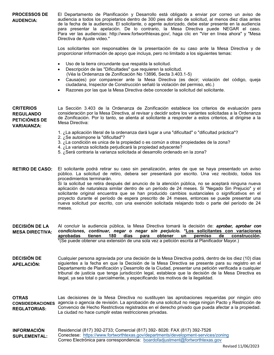 Solicitud a La Mesa Directiva De Ajuste De Zonificacion - City of Fort Worth, Texas (Spanish), Page 2