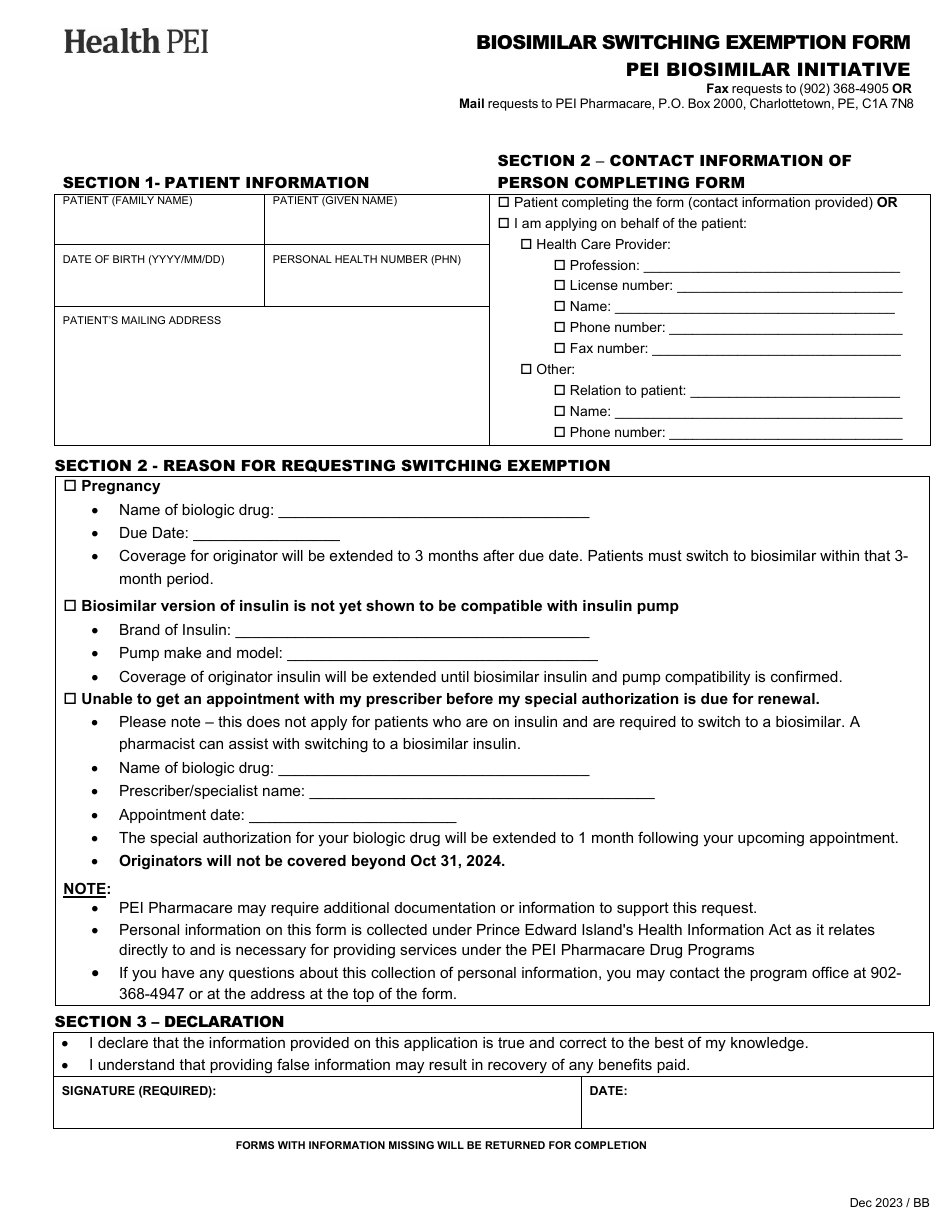 Biosimilar Switching Exemption Form - Pei Biosimilar Initiative - Prince Edward Island, Canada, Page 1
