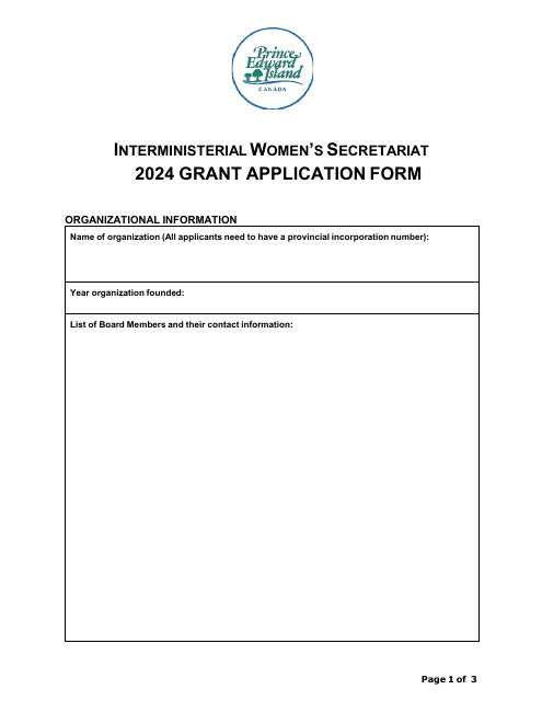 Interministerial Women's Secretariat Grant Application Form - Prince Edward Island, Canada, 2024