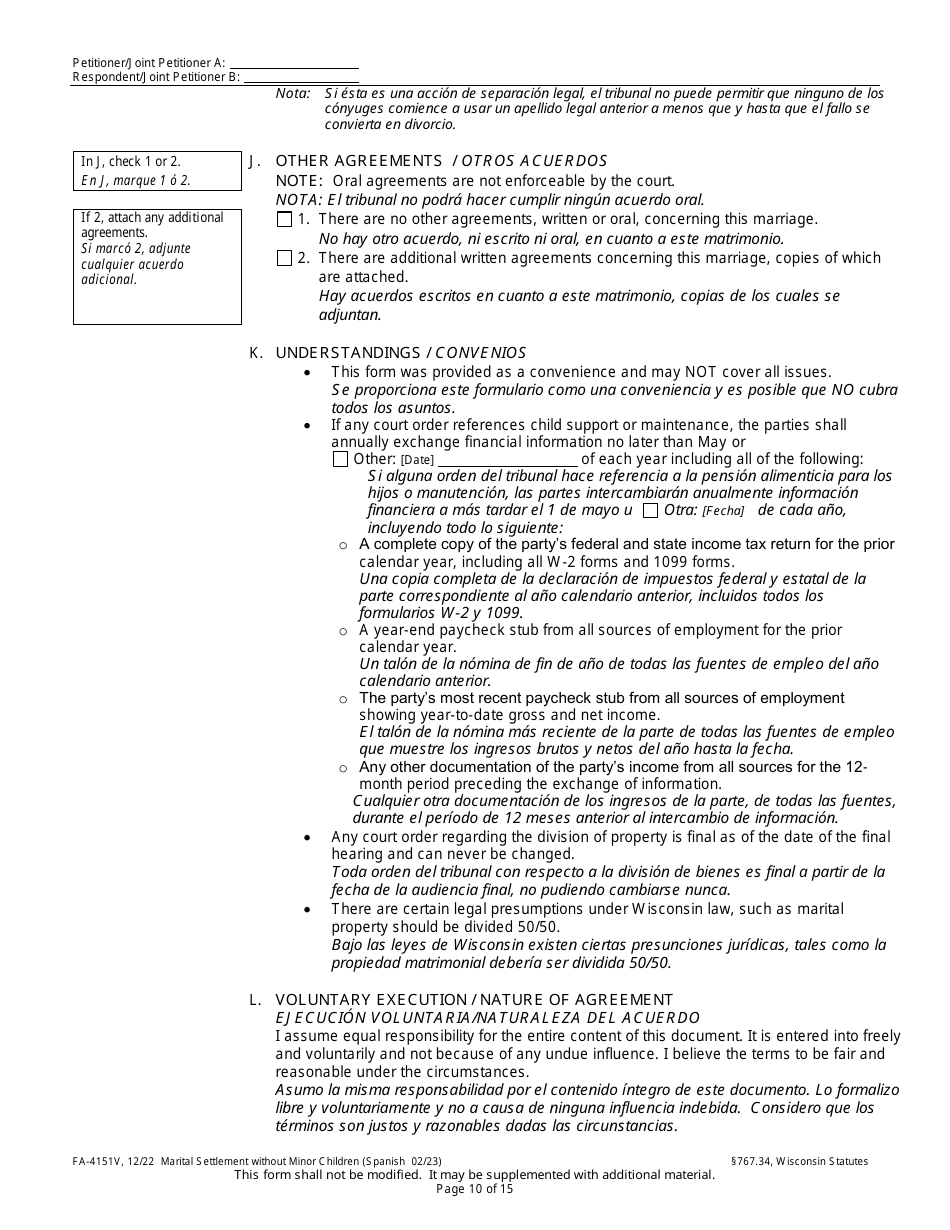 Form FA-4151V Marital Settlement Without Minor Children - Wisconsin (English / Spanish), Page 10